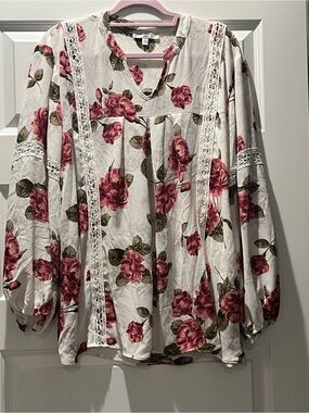 Moa Moa White Blouse with Pink Rose Print and Lace Trim
